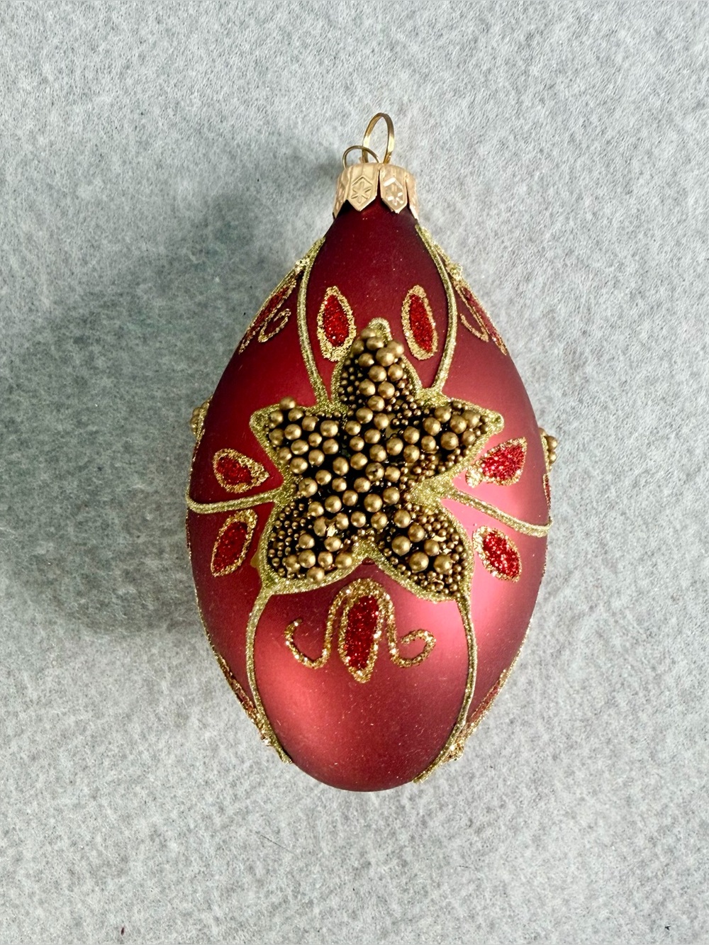 Dept.56 Poland Red Gold Glass Beaded Faberge Egg Christmas Ornament Glitter